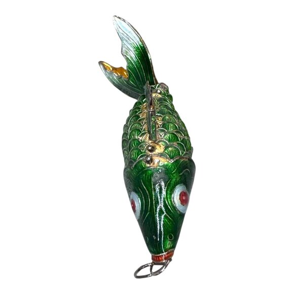 Large 4" Vintage Articulated Cloisonne Enamel Fish Pendant Keychain Green & Gold - Picture 3 of 7